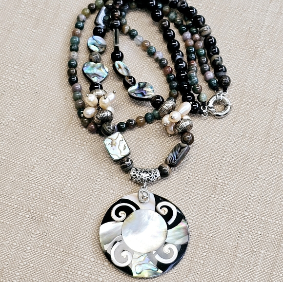 Mother of Pearl Gemstone and Abalone Bead Double-Strand Necklace with Pearls - Picture 12 of 15